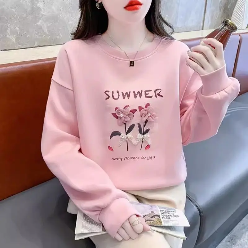 Women 3d Flower Beaded Long Sleeve Crew Neck Sweatshirt Loose Slim Fit Pullover Spring Autumn Casual Top