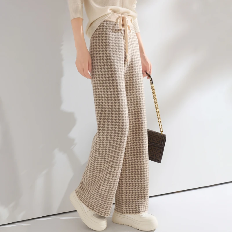 النساء الصوف بنطال ذو قصة أرجل واسعة مرونة الخصر نمط houndstooth بنطلون الخريف الشتاء 100% ميرينو الصوف بنطلون متماسكة لينة الدافئة بانت