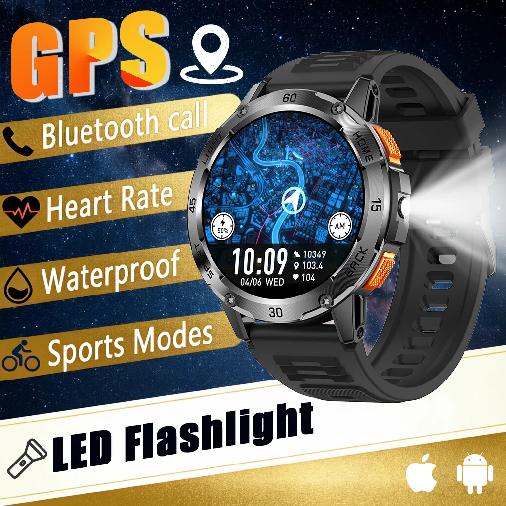 

2026 New Outdoor Sports Fitness Smart watch HD Screen Bluetooth Call Waterproof LED Flashlight GPS 100Sports Modes Large battery