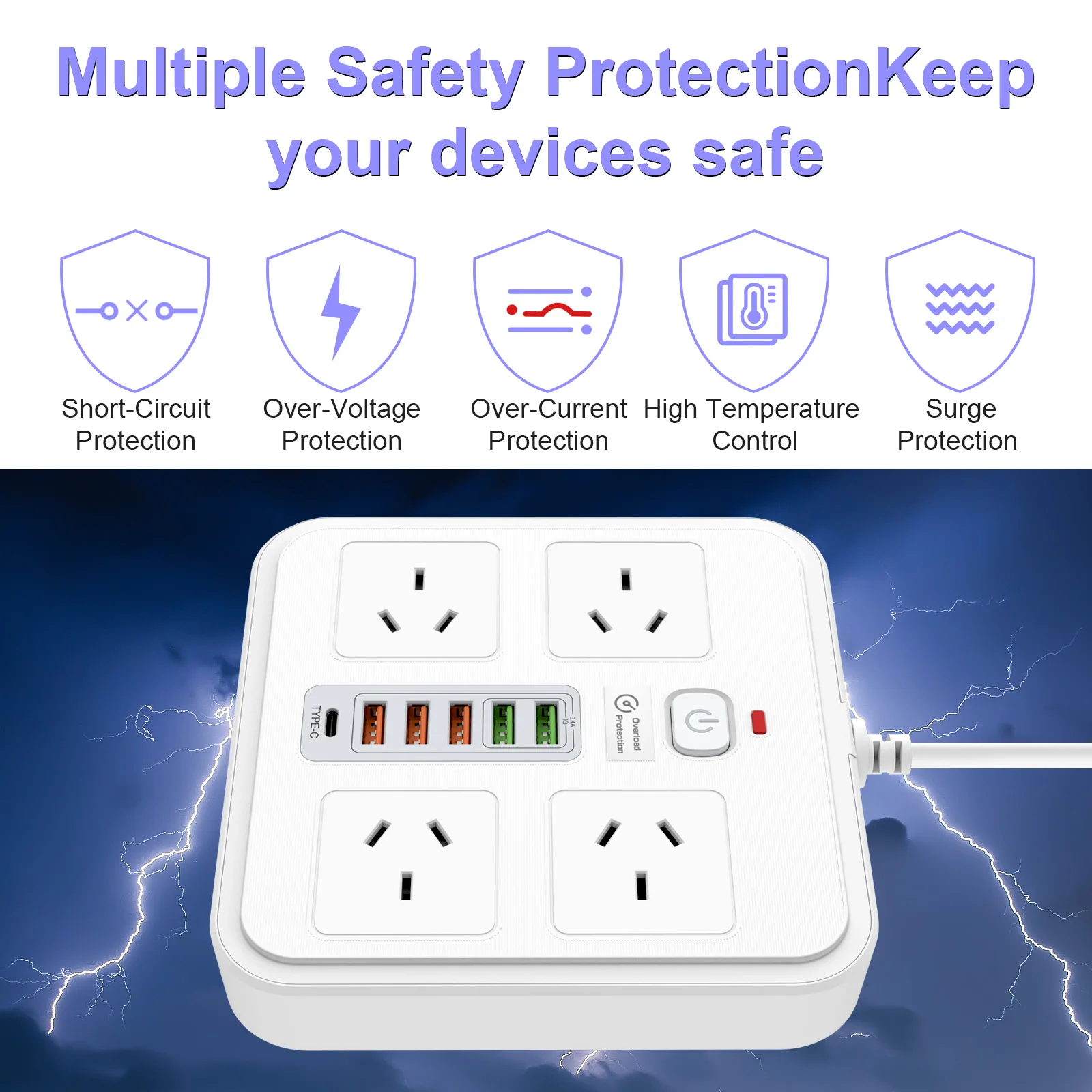 AU Plug power board with 5 USB ports 1 Type C port Power adapter socket Overload protection Network filter 2 m cable black White