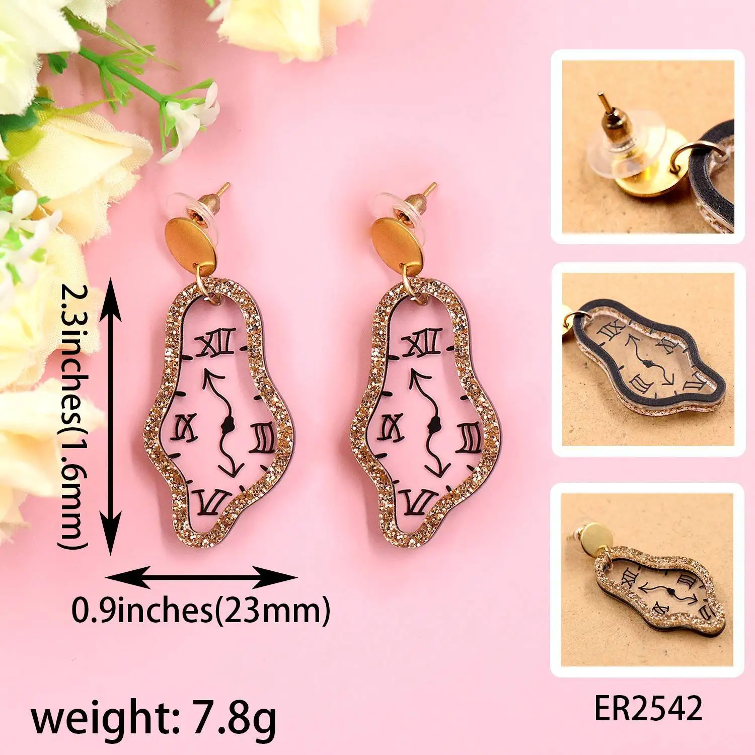 1 Pairs Glitter Acrylic Twisted Clock Studs Earrings For Women Irregular Shape Pendant Ear Rings Jewelry Birthday Party Gifts