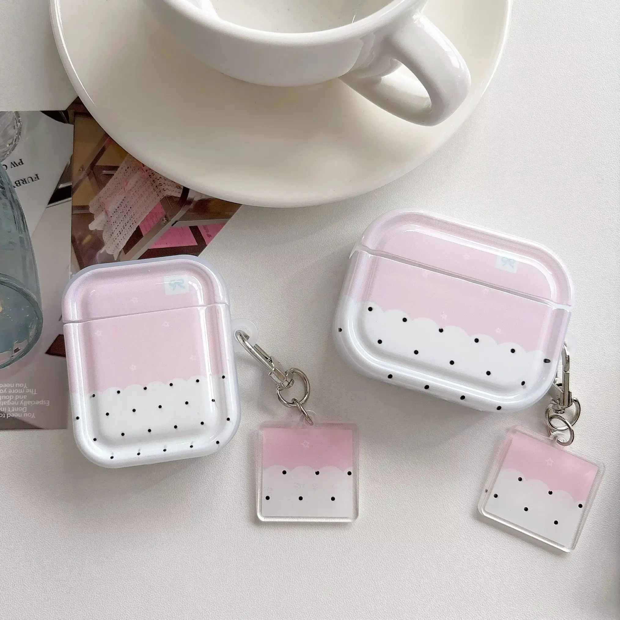 Polka Dot Bowknot Star Splicing Pattern Pink White Tetragonum Earphone Cover Case For AirPods 2 3 4 5 Pro Pro2 Pro3 with Pendant