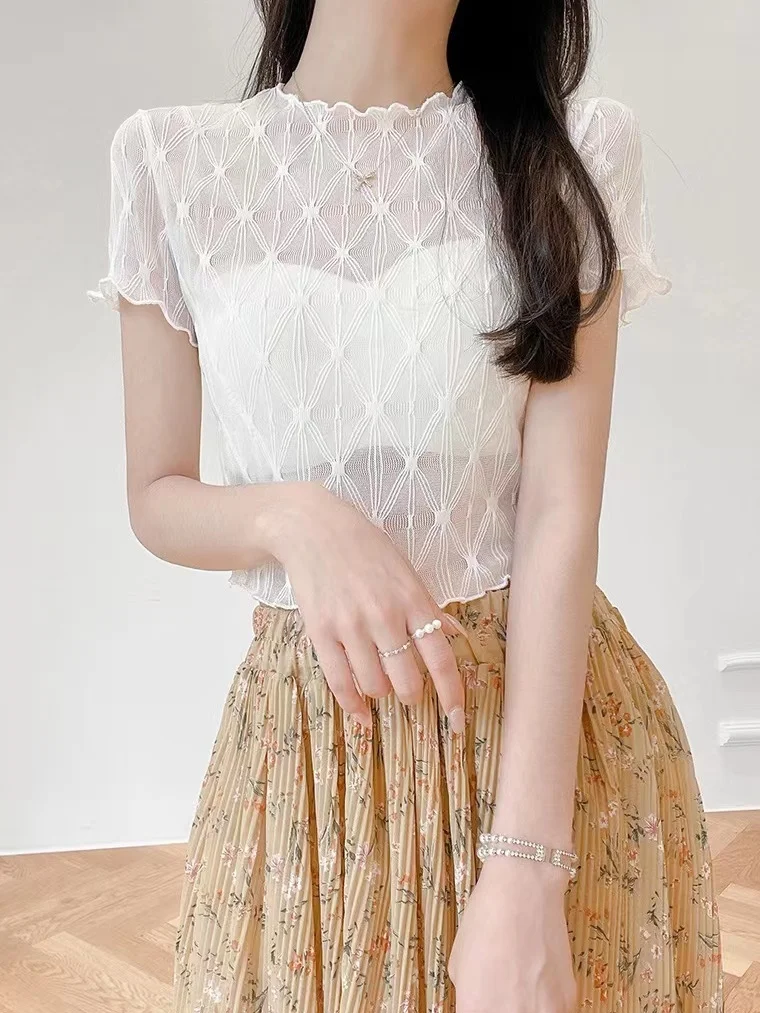 Spring Summer White Short Sleeve T-Shirt Women's Inner Wear Lace Mesh under Shirt Thin Sun Protection Cover up round Neck Top