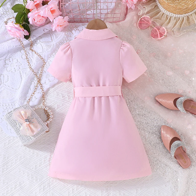 Little Girl Summer Dresses Short Puff Sleeves Notched Lapel Asymmetrical A-Line Dress with Belt Elegant Dress 3 to 8 Years