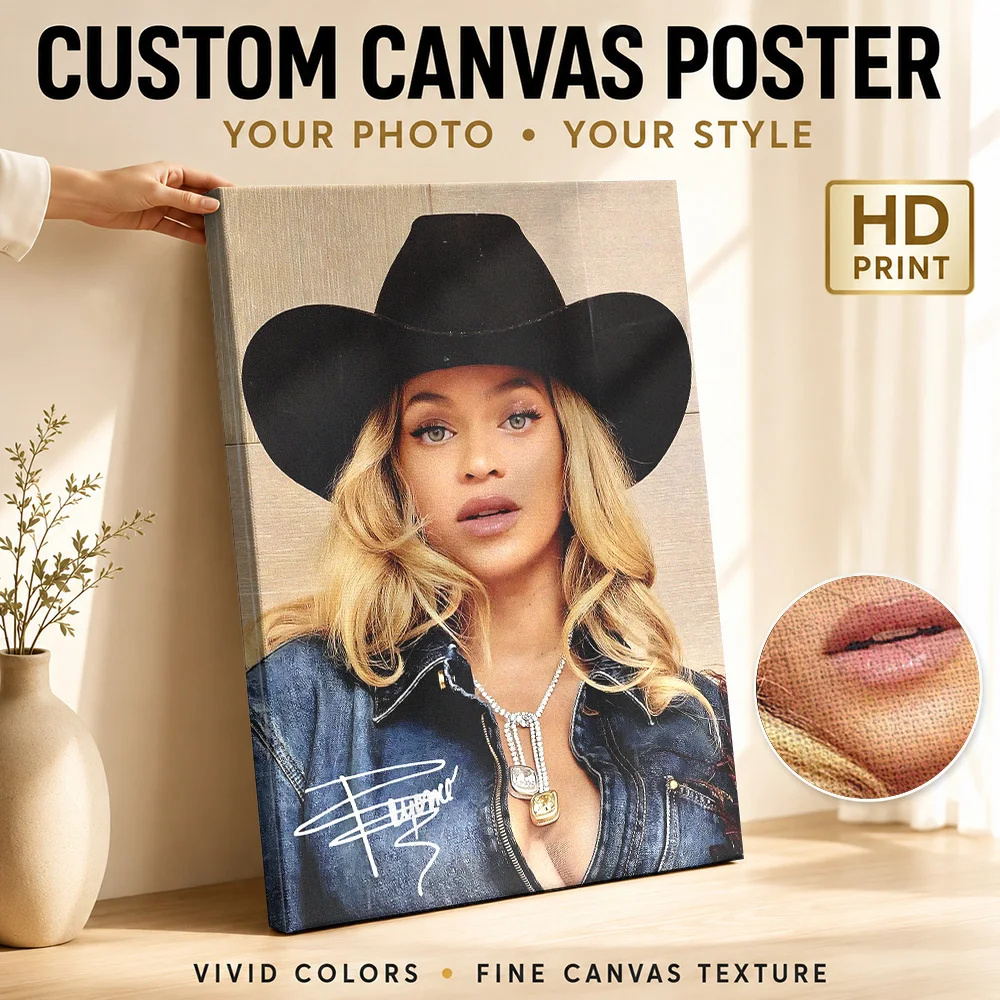 Beyoncé in Cowboy Hat and Denim Jacket Framed Canvas Print Poster Customized Retro Music Wall Paintings Decoration for Bedroom