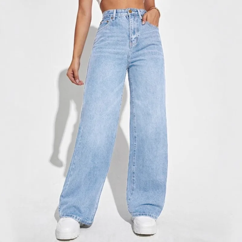

НОВЫЕ женские свободные прямые джинсы, свободные повседневные джинсовые брюки с высокой посадкой и большими карманами, простые универсальные повседневные джинсы