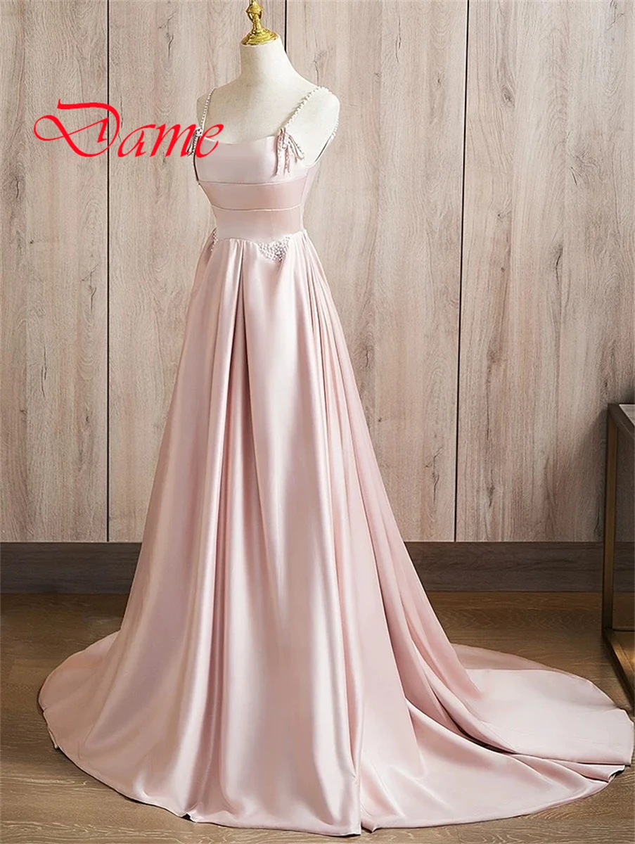 

Customized Graceful Light Pink Satin Evening Dress Exquisite Square Collar Spaghetti Straps Sleeveless Lace Up Back Prom Dress