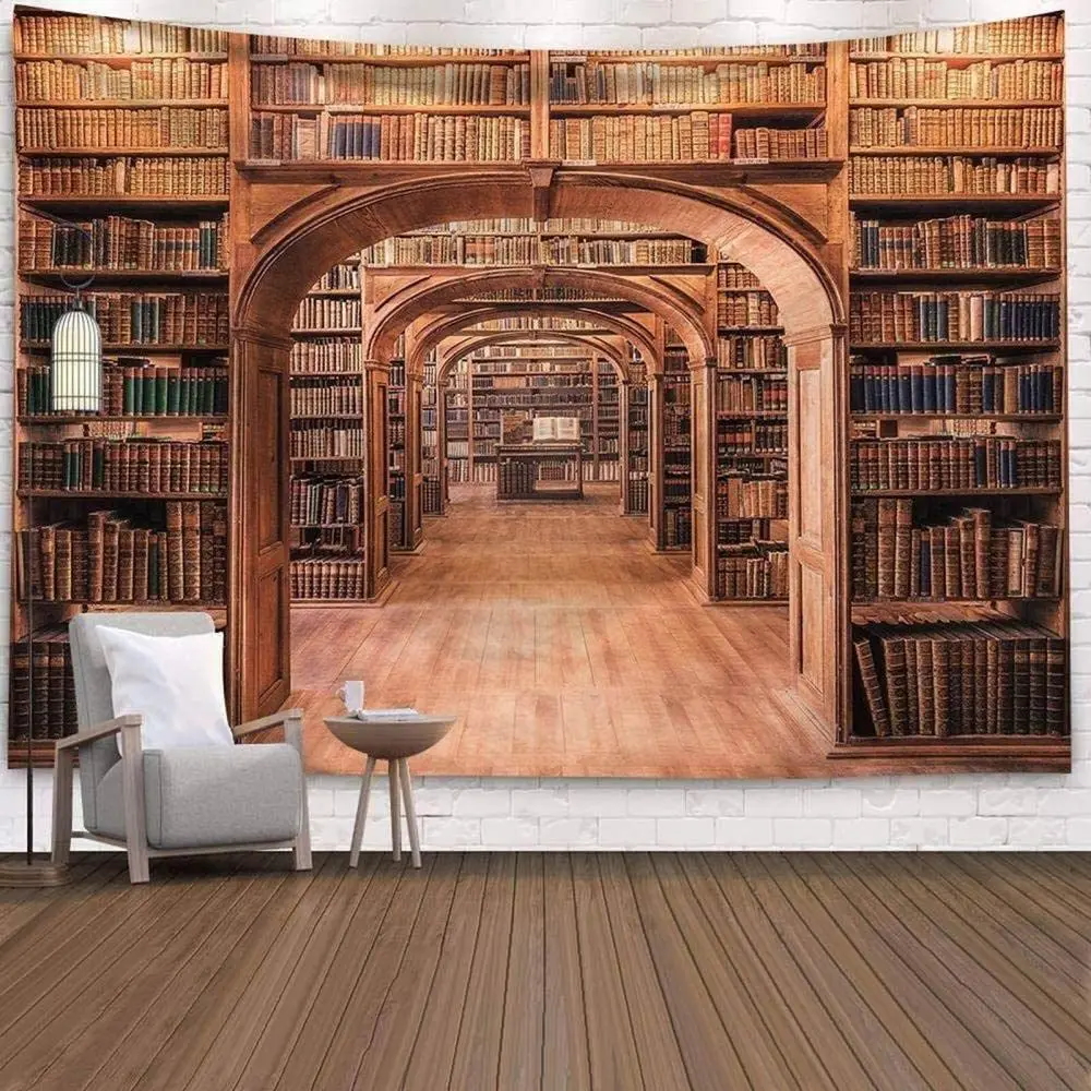 Vintage Bookshelf Tapestry Magic Castle Witch Broom Wall Hanging Library Tapestries for Bedroom Living Room College Dorm Decor