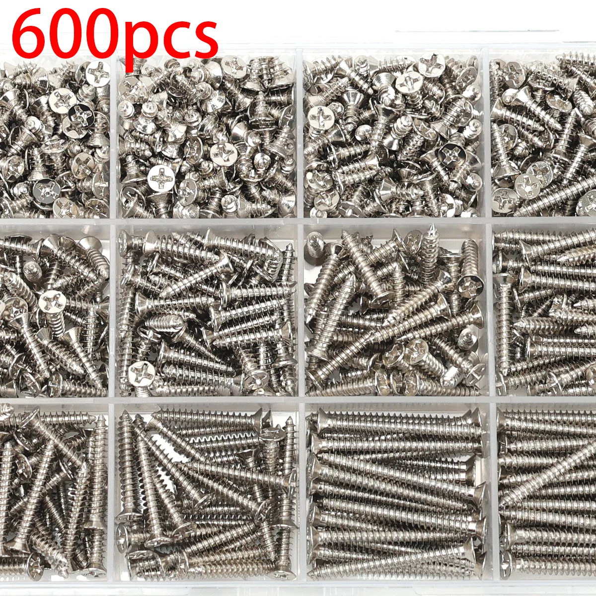 600pcs - M3 nickel-plated Phillips head self-tapping wood screw set, including Phillips self-tapping screws of various lengths.