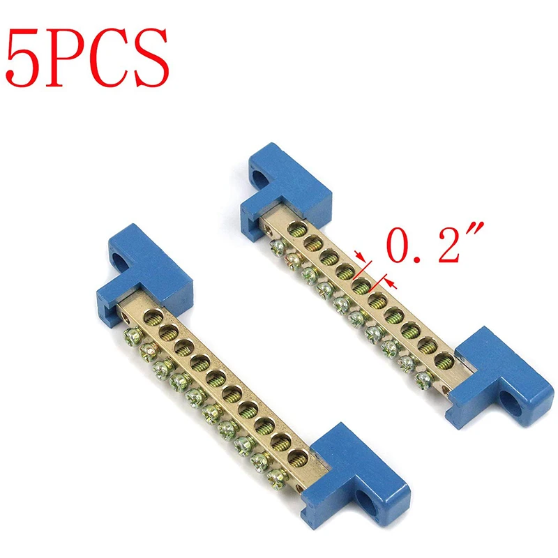 Terminal Block Blue Terminal Bus Bar 10 Positions Screw Brass Terminal Grounding Strip Bus Bar Block Pack Of 5