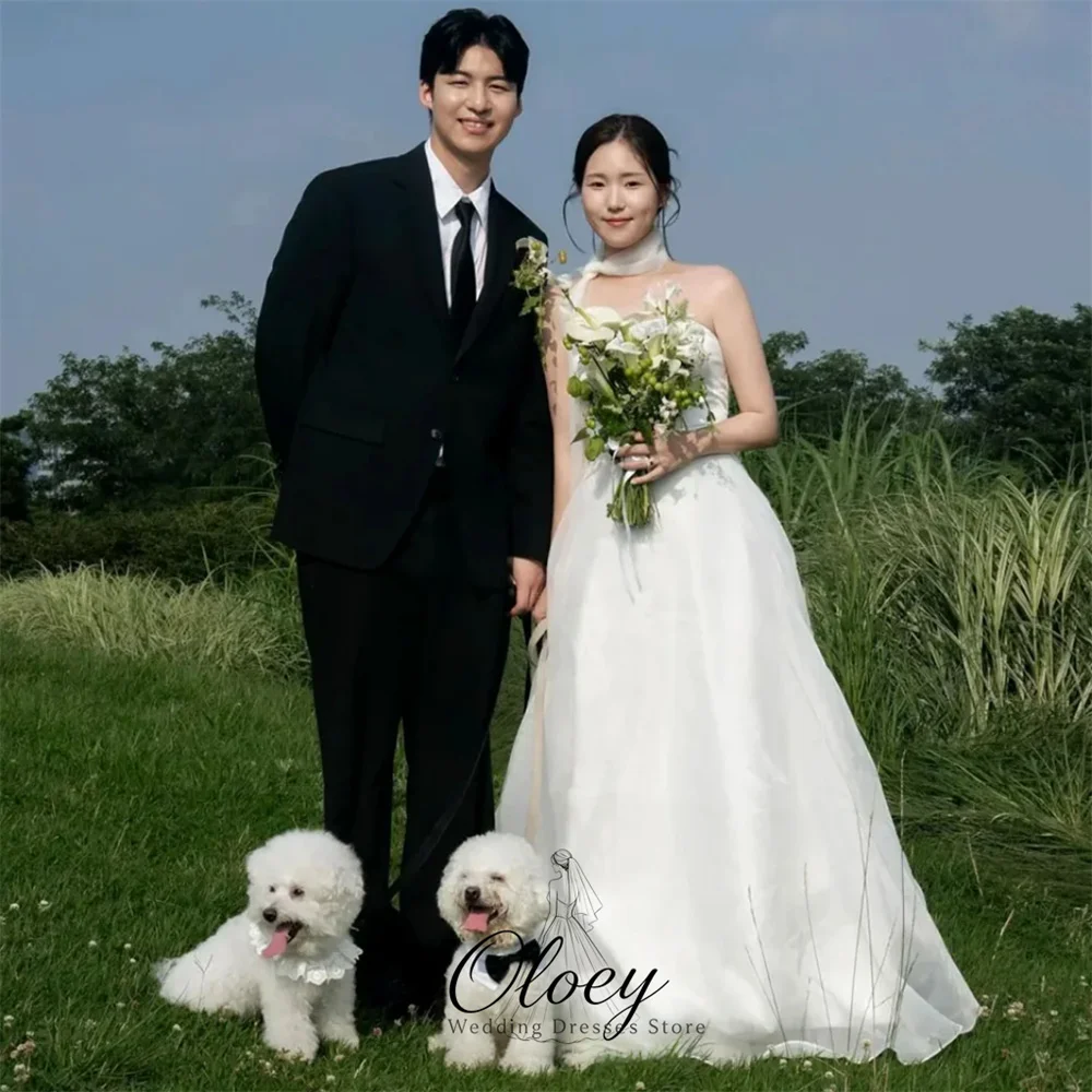 OLOEY Elegant Strapless With Scarf Korea Wedding Dress Photo Shoot A‑Line Customized Bridal Gown Outdoor Wedding Dress 웨딩드레스