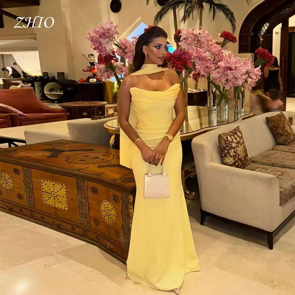 فستان سهرة أصفر رائع من ZHIO بدون حمالات بطيات حورية البحر بطول الأرض مناسبة خاصة لحفلات الزفاف فستان حفلات مخصص