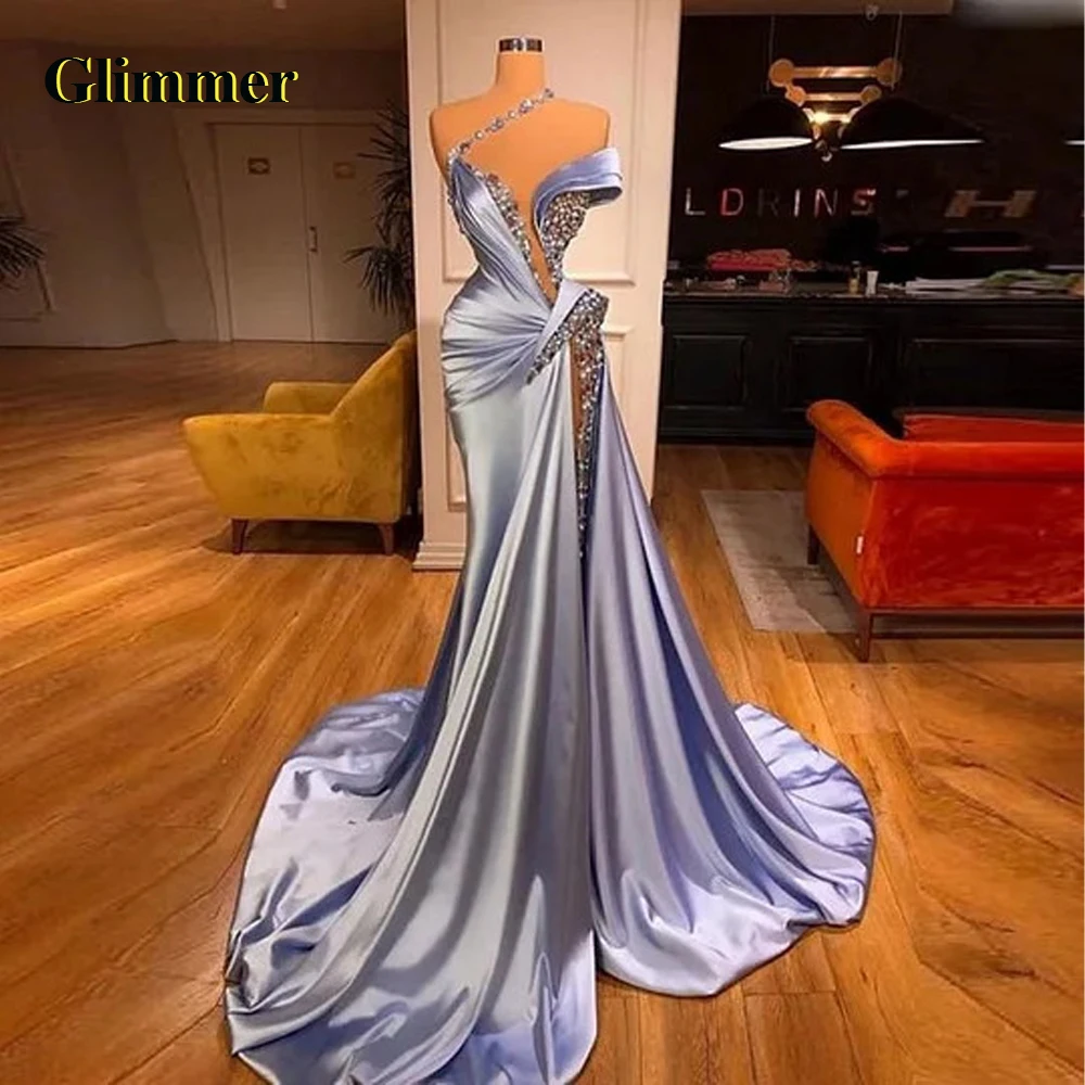 Glimmer Moderne One-Shoulder-Promi-Kleider 2025, Frau mit Strasssteinen, Meerjungfrau, Hofschleppe, hoher Schlitz, De Gala, individuell gestaltet