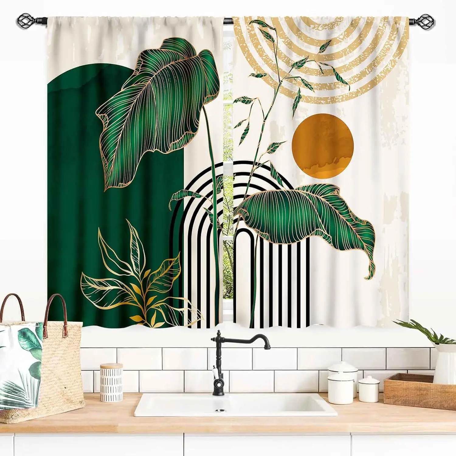 Abstract Gold Wire Plant Blackout Curtain Vintage Arch Sun Leaf Print Drape For Studio Balcony Chic Minimalist Luxury Window