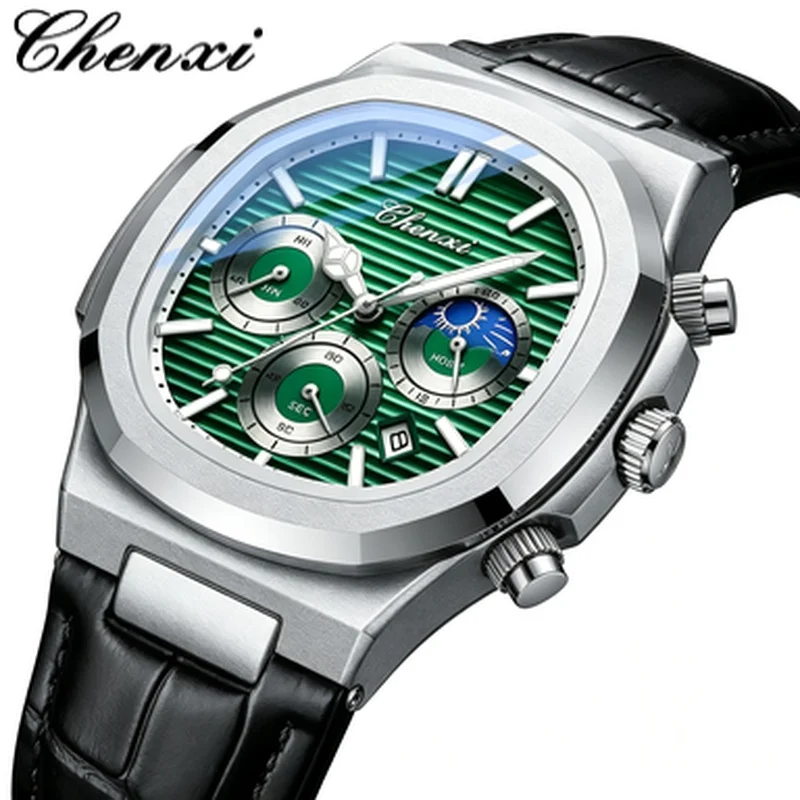2026 New CHENXI High-end Square Men Watch Leather Strap Chronograph Quartz Waterproof Male Daily Wristwatch