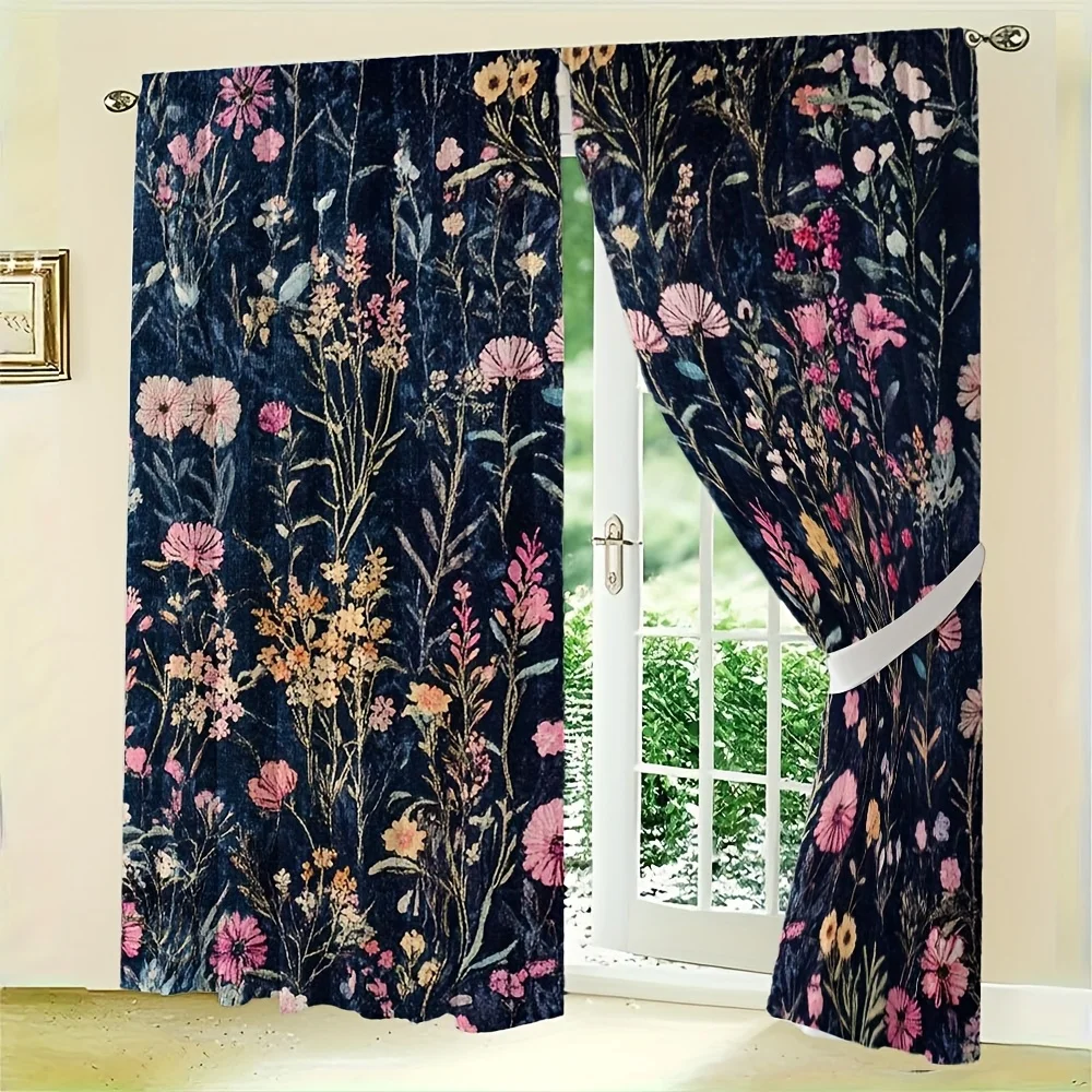 2PC Luxurious Botanical Floral Print Curtains Pair Dark Navy Background Garden Style Window Curtains for Living Room and Bedroom