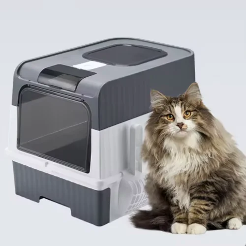 Caja de arena para gatos con cuchara, caja de arena plegable grande con tapa, caja para gatitos con salida superior de entrada frontal, control de olores, fácil de limpiar