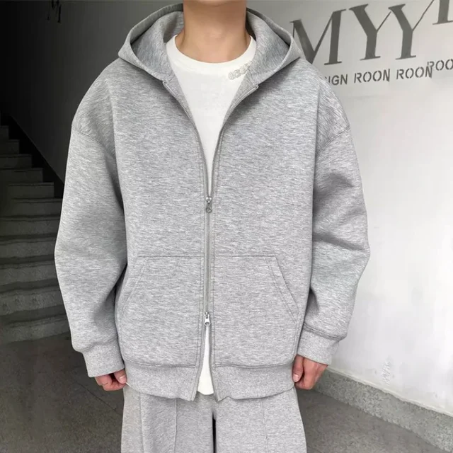 Bawełniana bluza z kapturem w jednolitym kolorze Jesień Amerykański kardigan z podwójnym zamkiem Szary Męskie i damskie luźne proste codzienne bluzy z kapturem