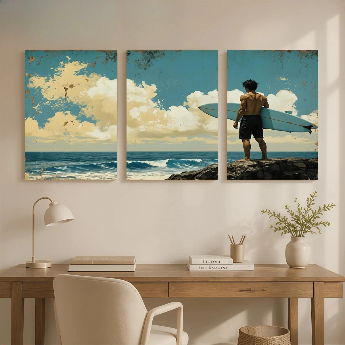 Frameless canvas 2D 3pcs Canvas Art Wall Hanging- A surfer watches the sea. Suitable for Decorating Offices, Dining Rooms, Li