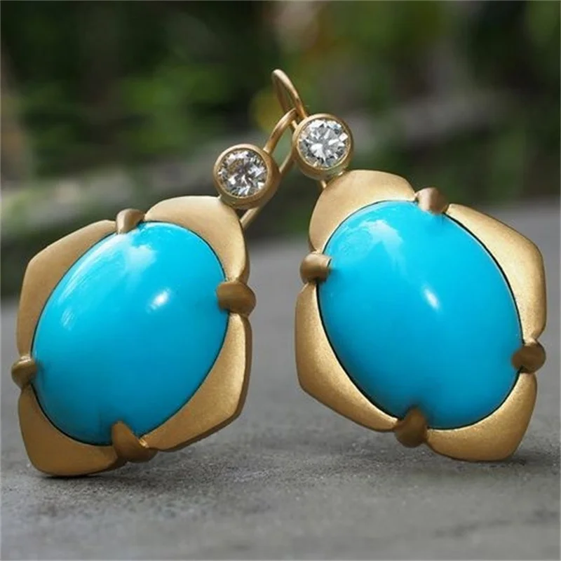 Pendientes bohemios de color dorado para mujer, piedras preciosas sintéticas de color azul turquesa, joyería versátil para fiestas