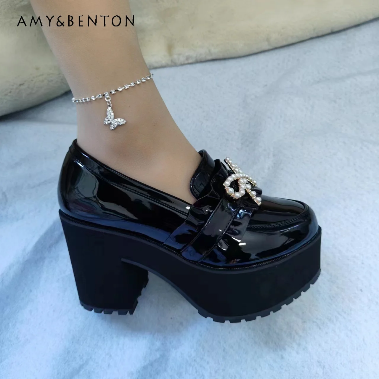 Japanese Mine Mass-Produced Sweet Bow Pearl Buckle Y2K High Heels Lolita Platform Heels Women Kawaii Black Leather Shoes Student