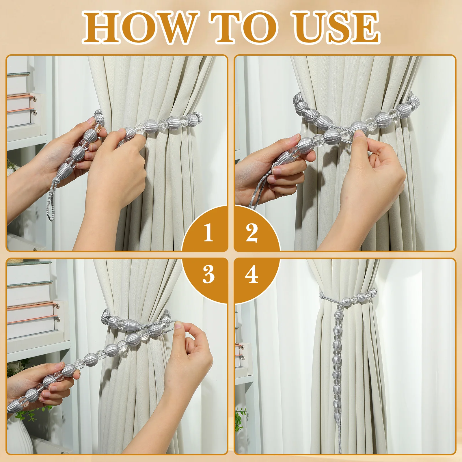 2개 크리스탈 비즈 커튼 타이백 실버 및 화이트 아크릴 드레이프 홀드백 가벼운 및 무거운 커튼용 창문 장식 우아함