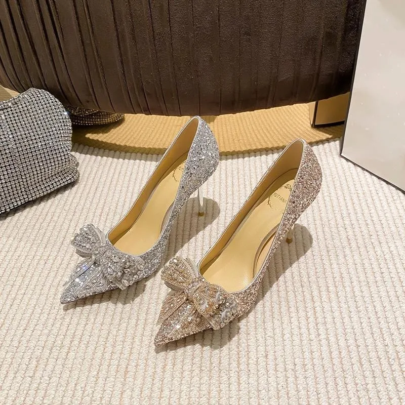 Autumn Luxury Pointed Toe Pumps Sequined Rhinestone Butterfly Women heels Gold Silver High Heels Party Wedding Shoes