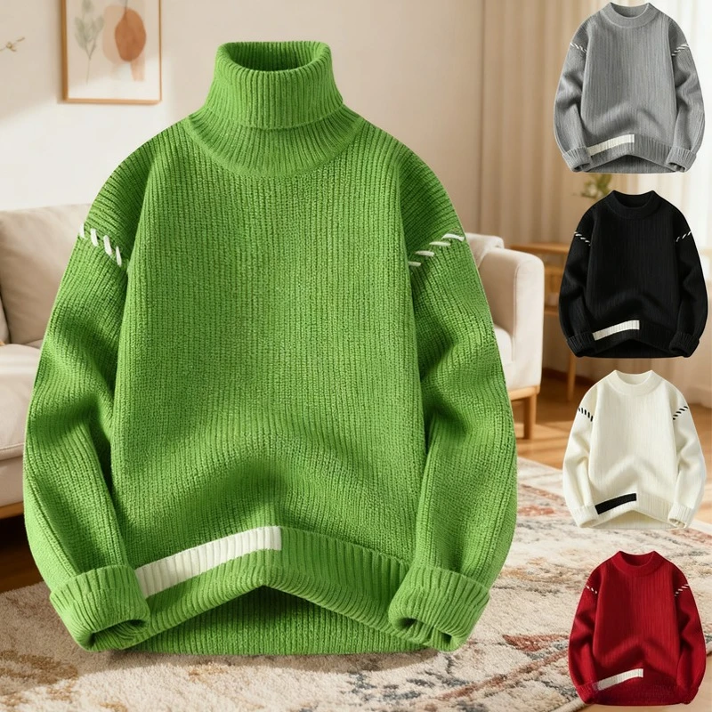 

Men's Color Block Knit Sweater 2025 Korean Style Thick Warm Round Neck Pullover Loose Casual Jumper