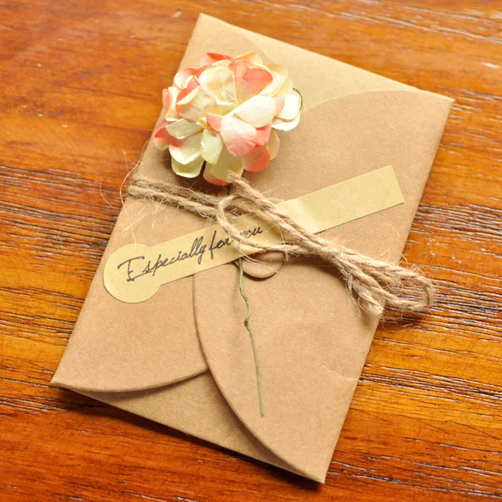 

5Pcs Vintage Kraft Greeting Cards Rustic Flower Decoration for Wedding Birthday Graduation Holiday Fashion Invitation Gift Card