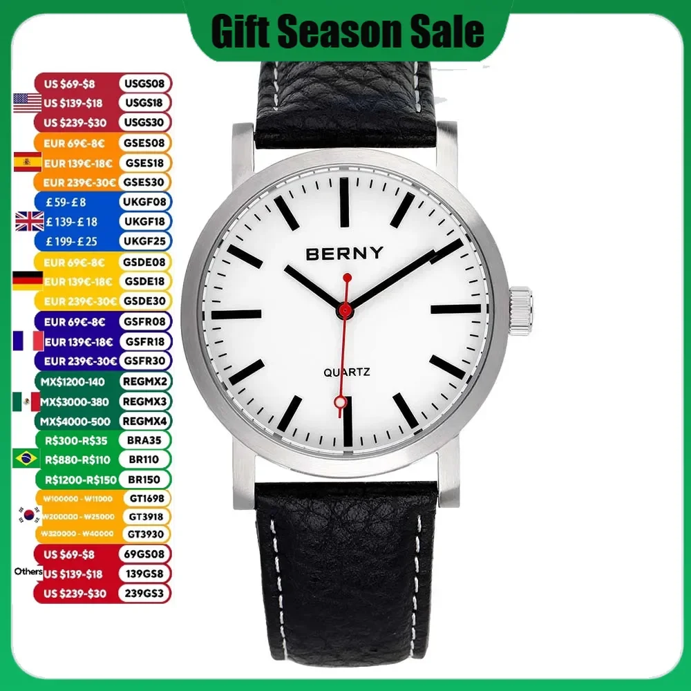 BERNY Men Railway Watch Quartz Clock Male Leather Strap Waterproof mens watches top brand luxury Fashion Railroad Wristwatch