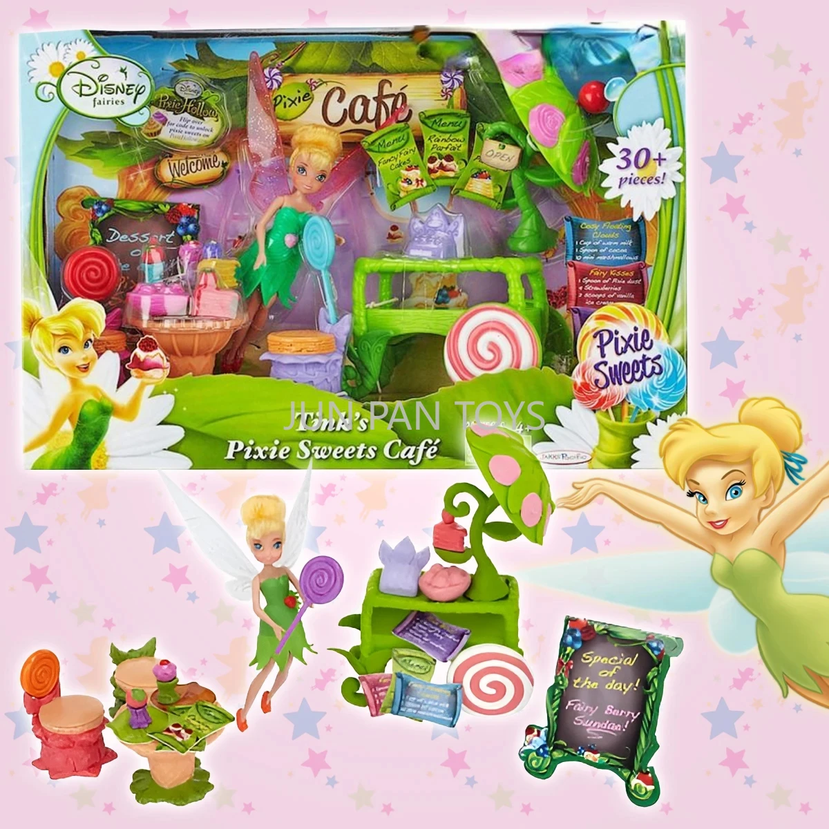 Disney Fairies Tink's Pixie Sweets Cafe Classic Movie Cartoon Girl Zestaw zabawek z 30 akcesoriami i 1 figurką lalki