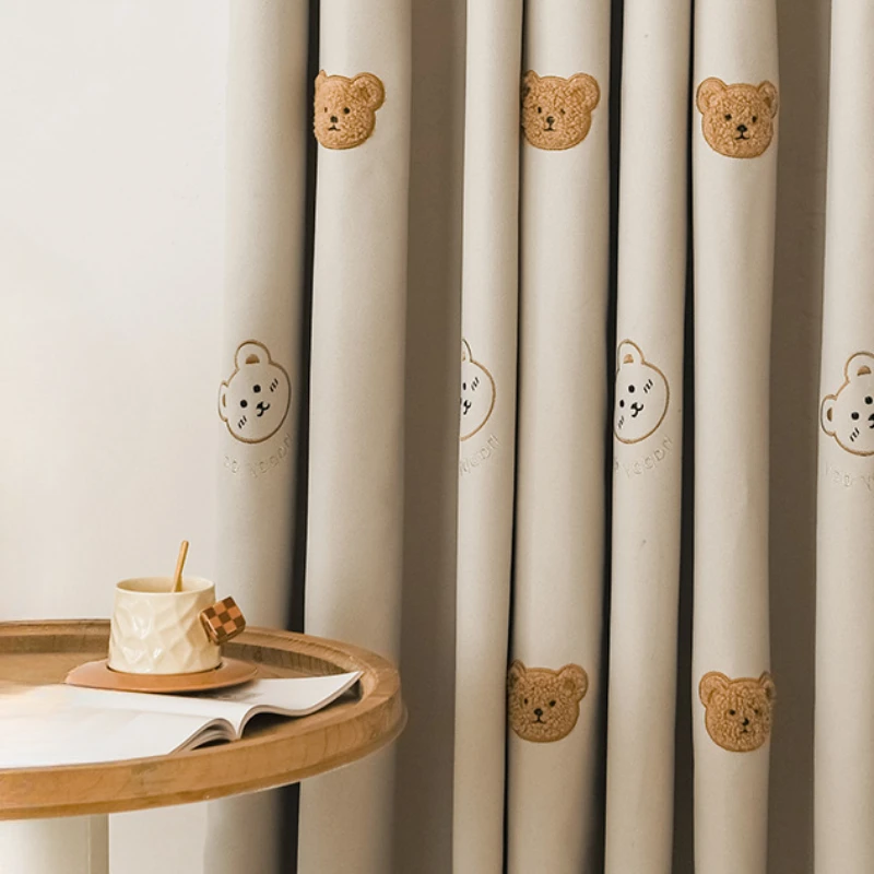 

Plush Bear Cartoon Children's Room Curtains Girls and Boys Bedroom New Full Blackout Curtains Bay Window Gauze Curtains Safe