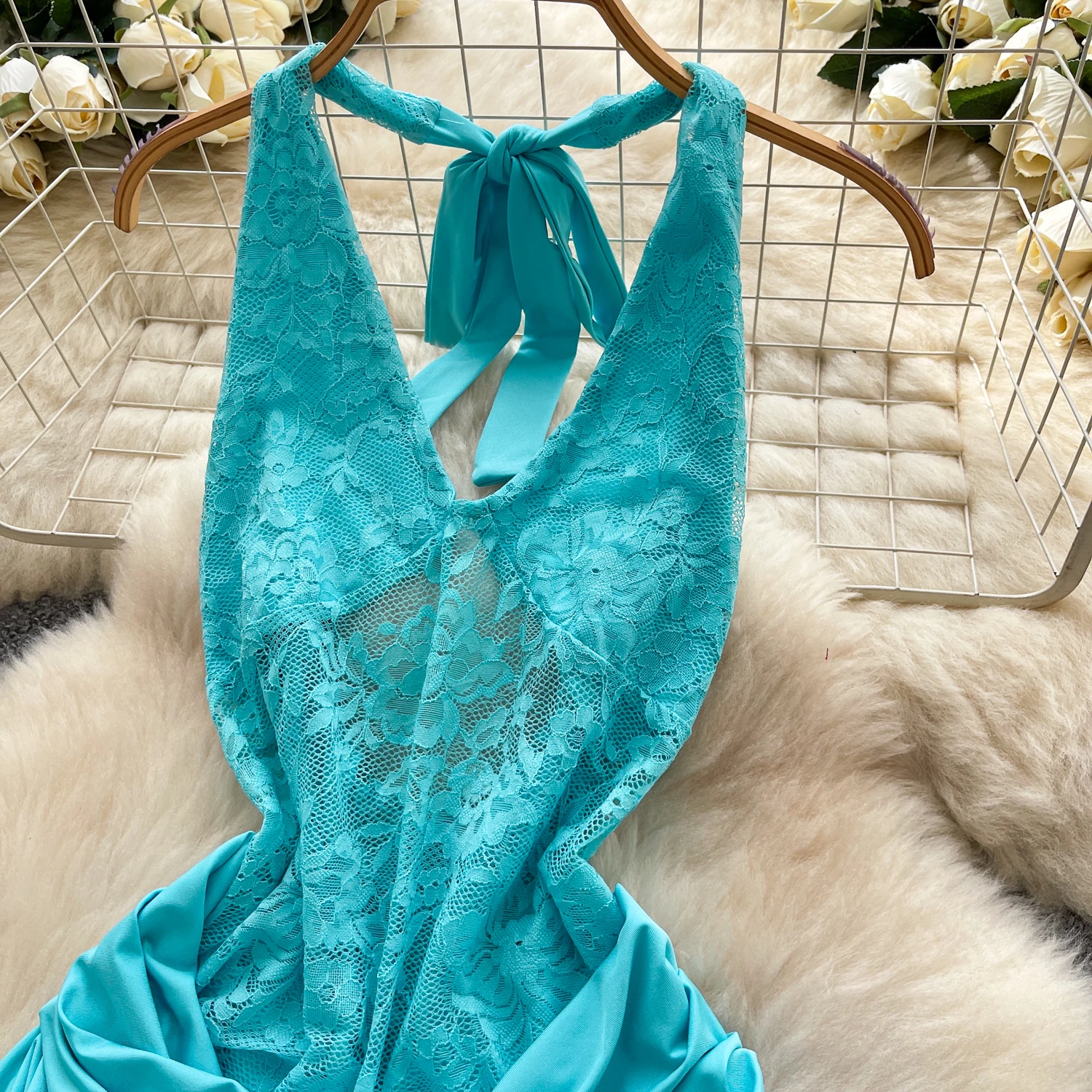 Sexy sem costas emendado renda cintura alta vestido plissado vestidos de verão feminino festa à noite mini vestido