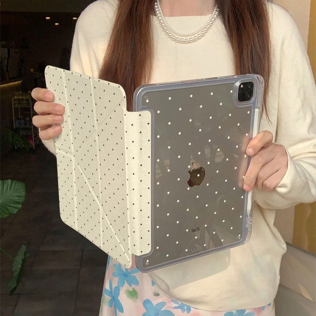 Cute Simple Yellow Polka Dot Y-Fold Tablet Case For iPad Pro 11 12.9 13 A16 M2 M4 M3 M5 5/6/7/8/9/10/11th Mini Air 3 4 5 6 Cover