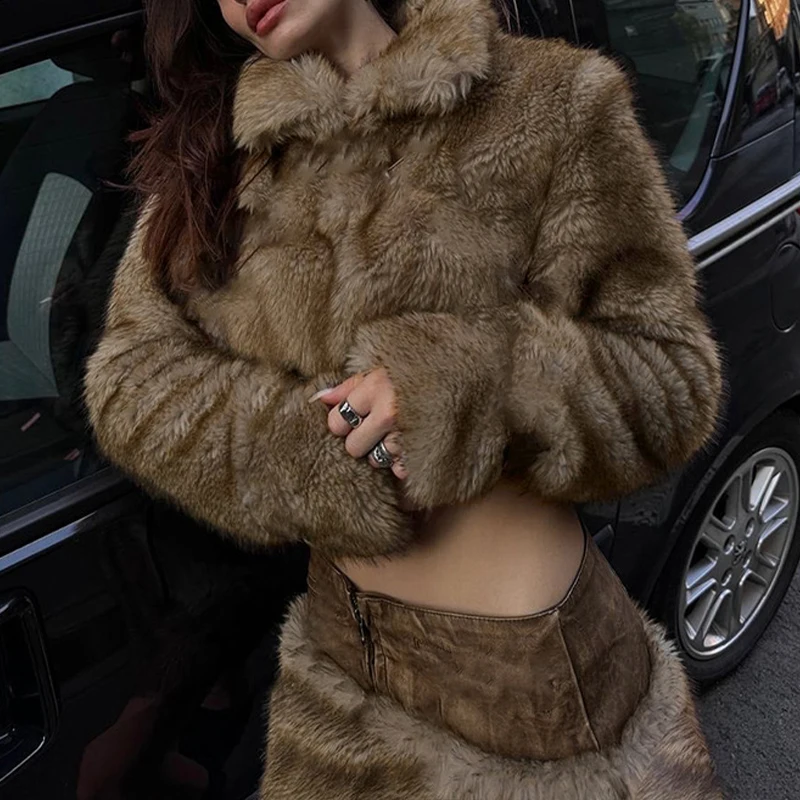 BKLD Winter PU Leather Patchwrok Plush Mini Skirt For Women Sexy Slim Fit Low Rise Package Hip Skirts Hottie Street Club Bottoms