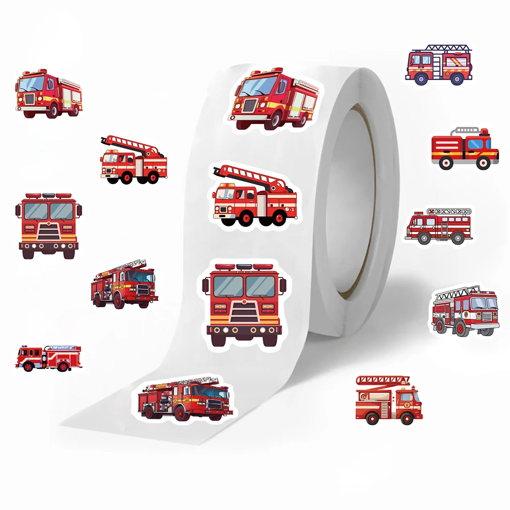 

500PCS Fire Truck Sticker Roll Cute Cartoon Firefighter Engine Vehicle Decal Self-adhesive Stickers For Water Bottle Laptop Kids