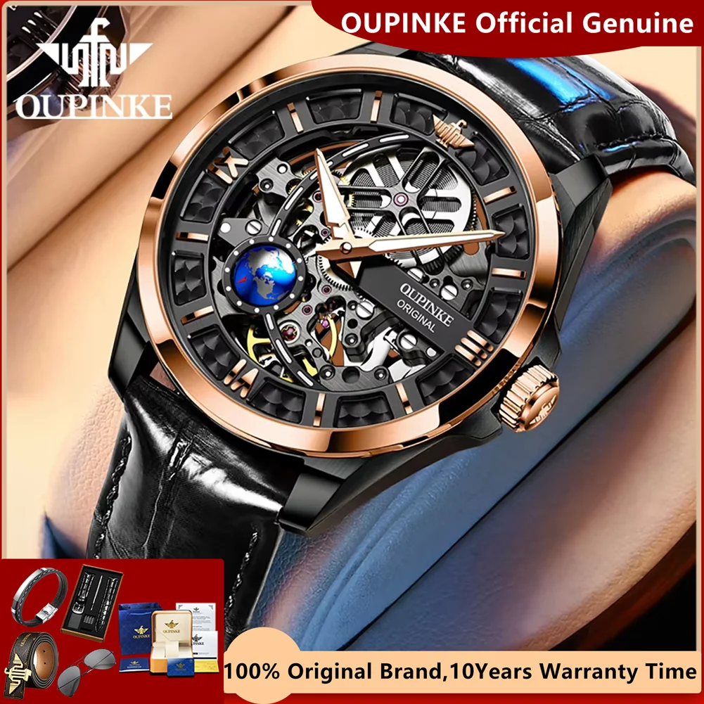 

OUPINKE Original Automatic Mechanical Men's Watch Rotation Seconds Hands Waterproof Sapphire Mirror Genuine Leather Strap Watch