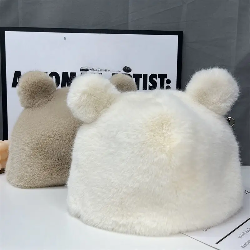 2024 Fluffy Faux Fur Bucket Hat Bear Ears Hat For Women Plush Hat Warm Winter Thicken Cold Snowy Day Panama Cap Ear Protection