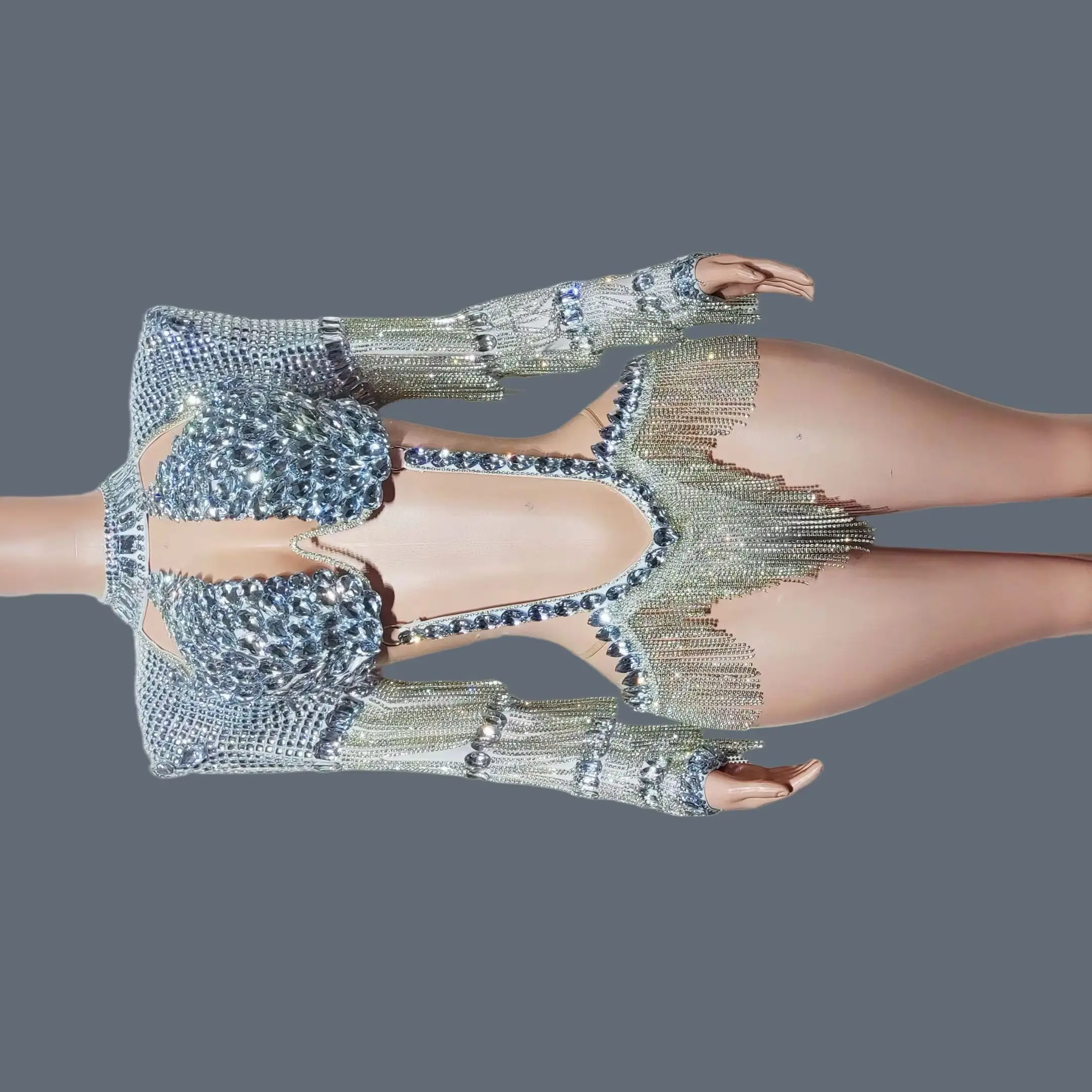 Sparkly Rhinestone Tight Fitting Hollow Out Bodysuit Sexy Women Chains Tassel Luxury Party Stage Dance Performer Wear Qinghe