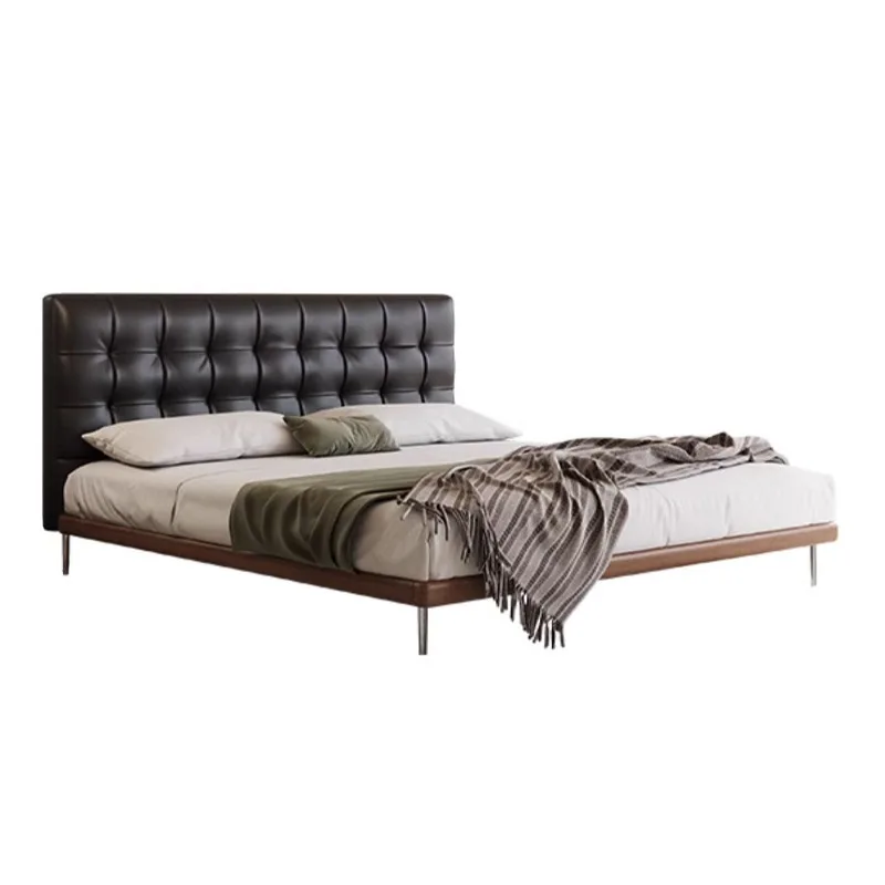 Waffle bed master bedroom retro leather bed modern simple thin bedside double bed