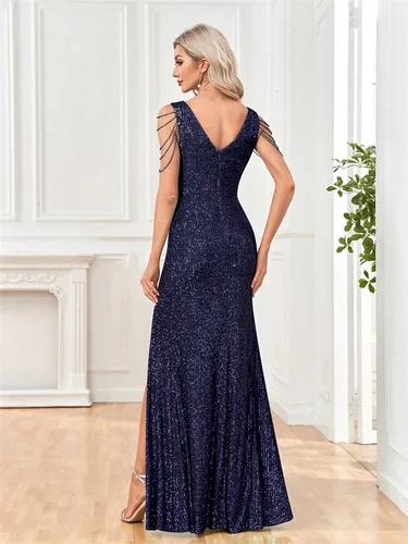 Imagen 2 del producto Vestidos de Noche elegantes con lentejuelas y cuello en V, vestidos largos de lujo para mujer, vestido Formal para fiesta de boda, graduación, vestidos de cóctel con cuentas, 2025