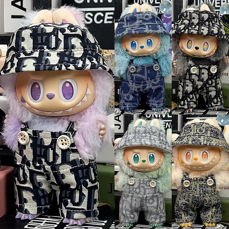 

Только одежда] один, два, три поколения Labbubu Labubu 17 см, детская одежда, рыбацкая шапка, подтяжки, джинсовый костюм, кукольная одежда