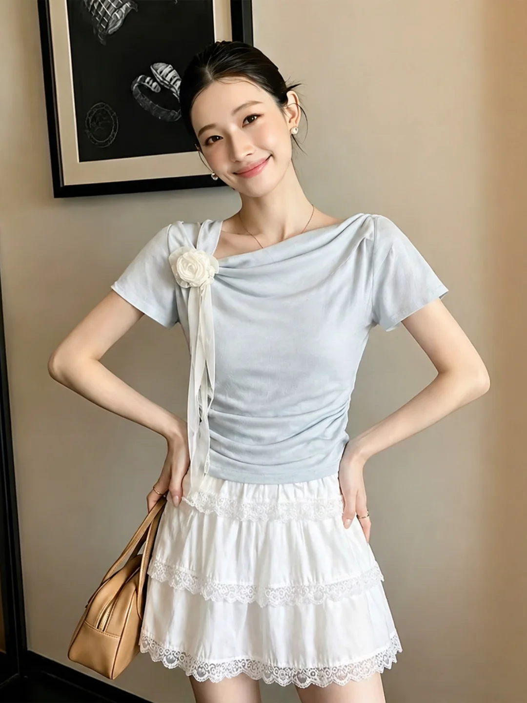 

Summer Soft Sweet Girl Style Diagonal Collar Short Sleeve T-Shirt Elegant Slimming Korean Version Straight Cut Silk Top