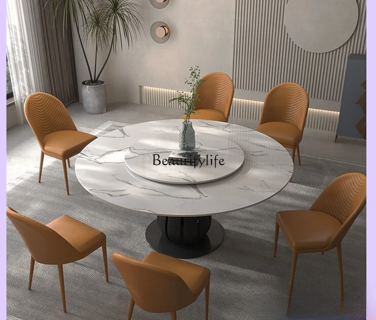 03.Nordic modern simple imported matte rock slab dining table with turntable Italian minimalist high-end rotating round table
