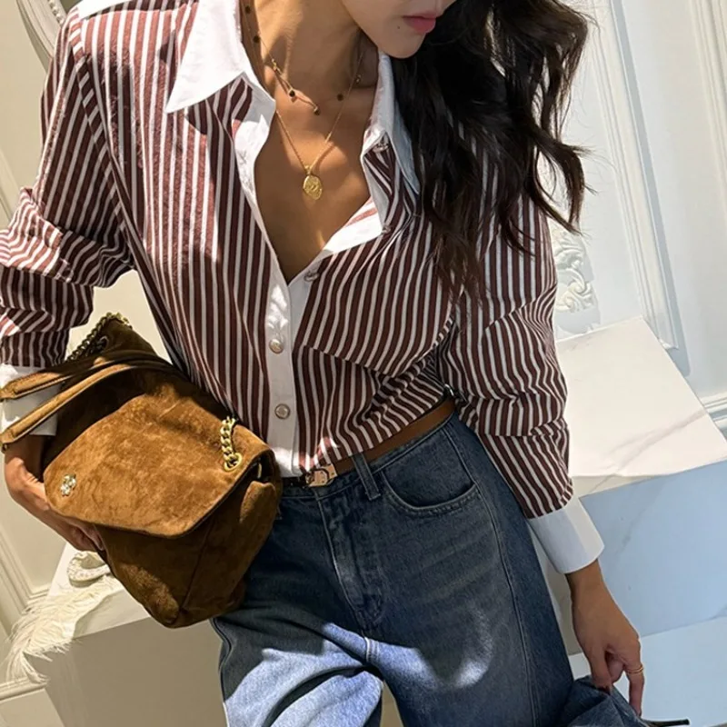 

Винтажные женские блузки, полосатые повседневные рубашки, модные свободные весенне-летние одежды с воротником-поло, французские женские топы с длинными рукавами