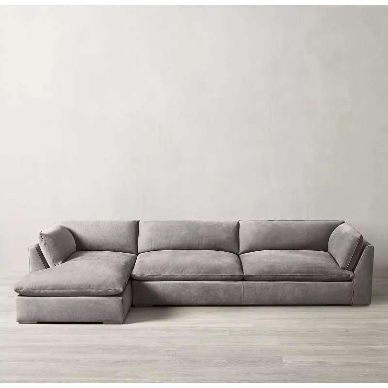 American rural retro corner sofa, Italian modern simple light luxury household first-layer cowhide three-person sofa