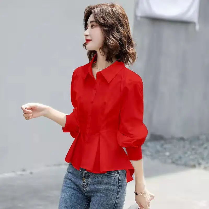 Stylish Lapel Button Spliced All-match Folds Lantern Sleeve Shirt Women\'s Clothing 2022 Autumn New Casual Tops Loose Chic Blouse