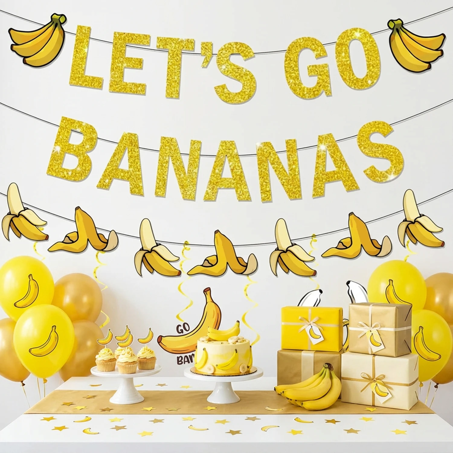Let'S Party Event Supply - 1セットの黄色いバナナの誕生日バナーガーランド、フルーツをテーマにした最初の誕生日用品用のスパイラルパーティーデコレーション。