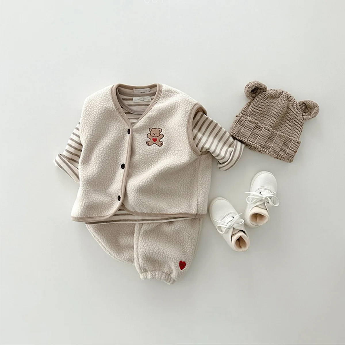 Winter Nieuwe Baby Mouwloze Kleding Set Baby Meisje Cartoon Beer Fleece Vest + Casual Broek 2 Stuks Pak Kids Jongen Dikke Warme Outfits