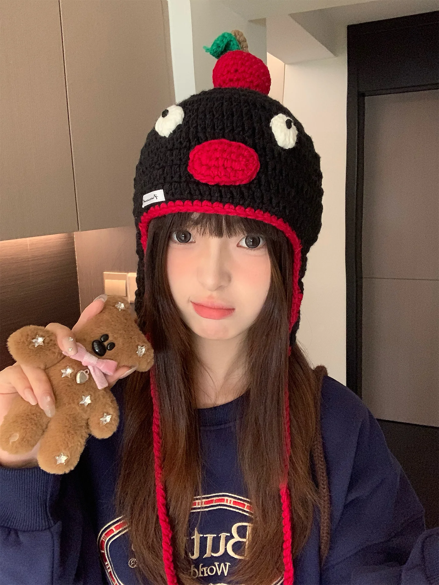 Cartoon Cute And Funny Ear-Protecting Knitted Hat For Women Warm And Small-Face-Showing Versatile Woolen Head Covering